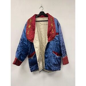 Vintage Quilted Satin Robe Mens Large Blue Red Smoking Lounge Jacket 50s 60s